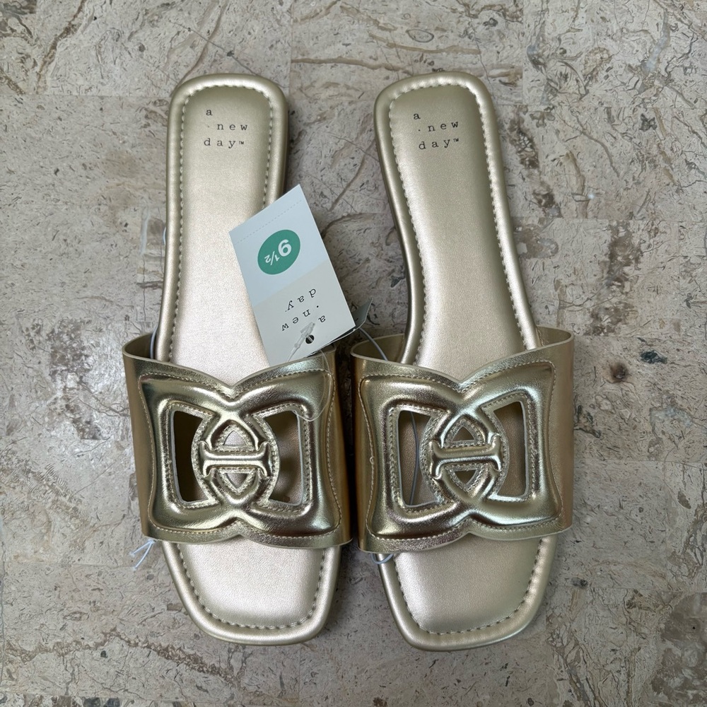 Metallic Gold Low Heel Slip On Sandal Deidra A New Day Size 9.5 - Picture 1 of 5
